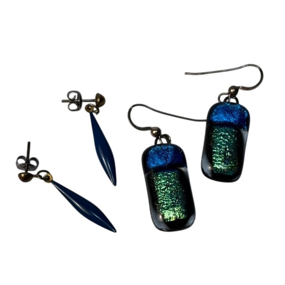 Dichroic Art Glass and Navy Enamel Earring Set Blue Green Dangle Studs